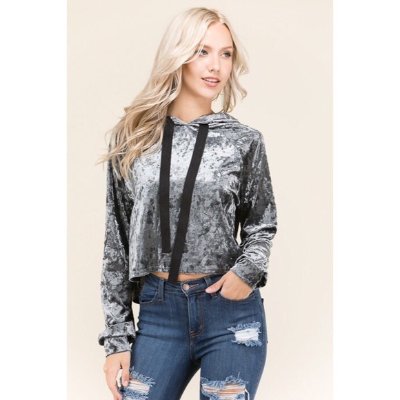 NWT - Charcoal Velvet Hooded Sweatshirt - Picture 3 of 7